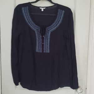 Navy Embroidered Long Sleeve Peasant Top- M